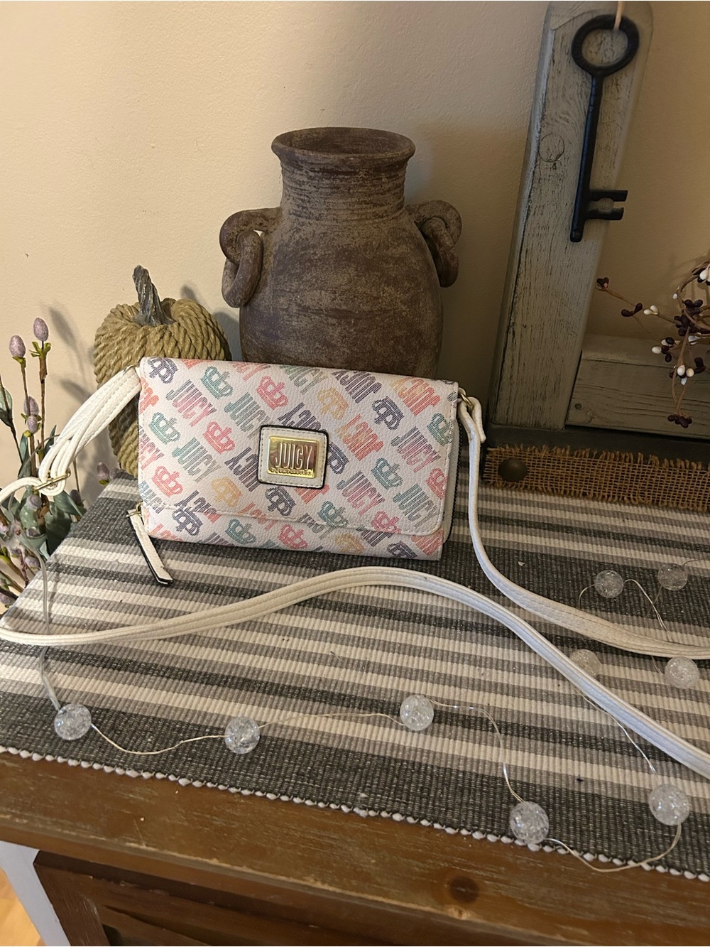 Juicy Couture Pastel Logo Crossbody Bag in White with Pink, Blue, Mint Logos